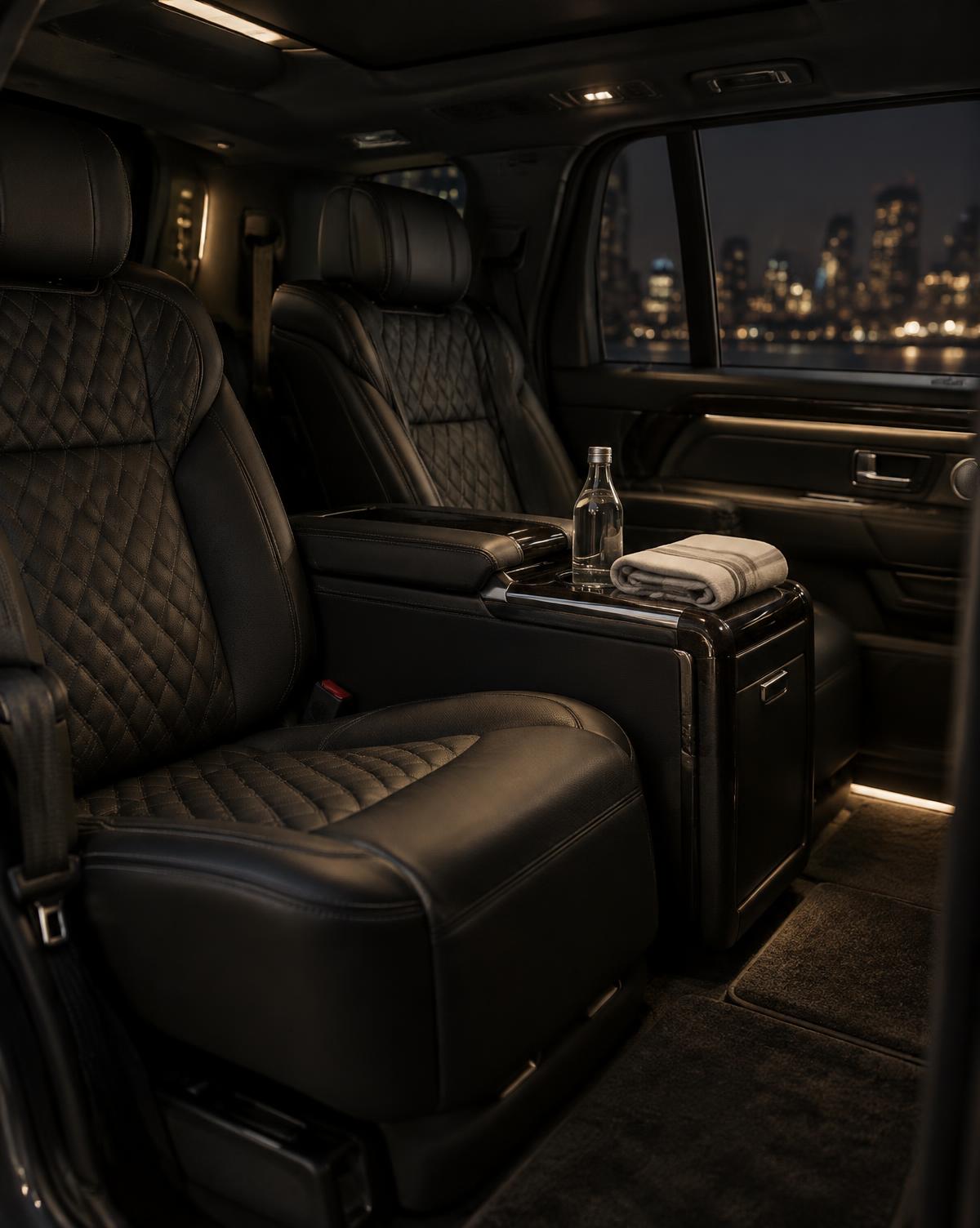 Rear cabin of a black luxury SUV at night with leather seats (representative image)
