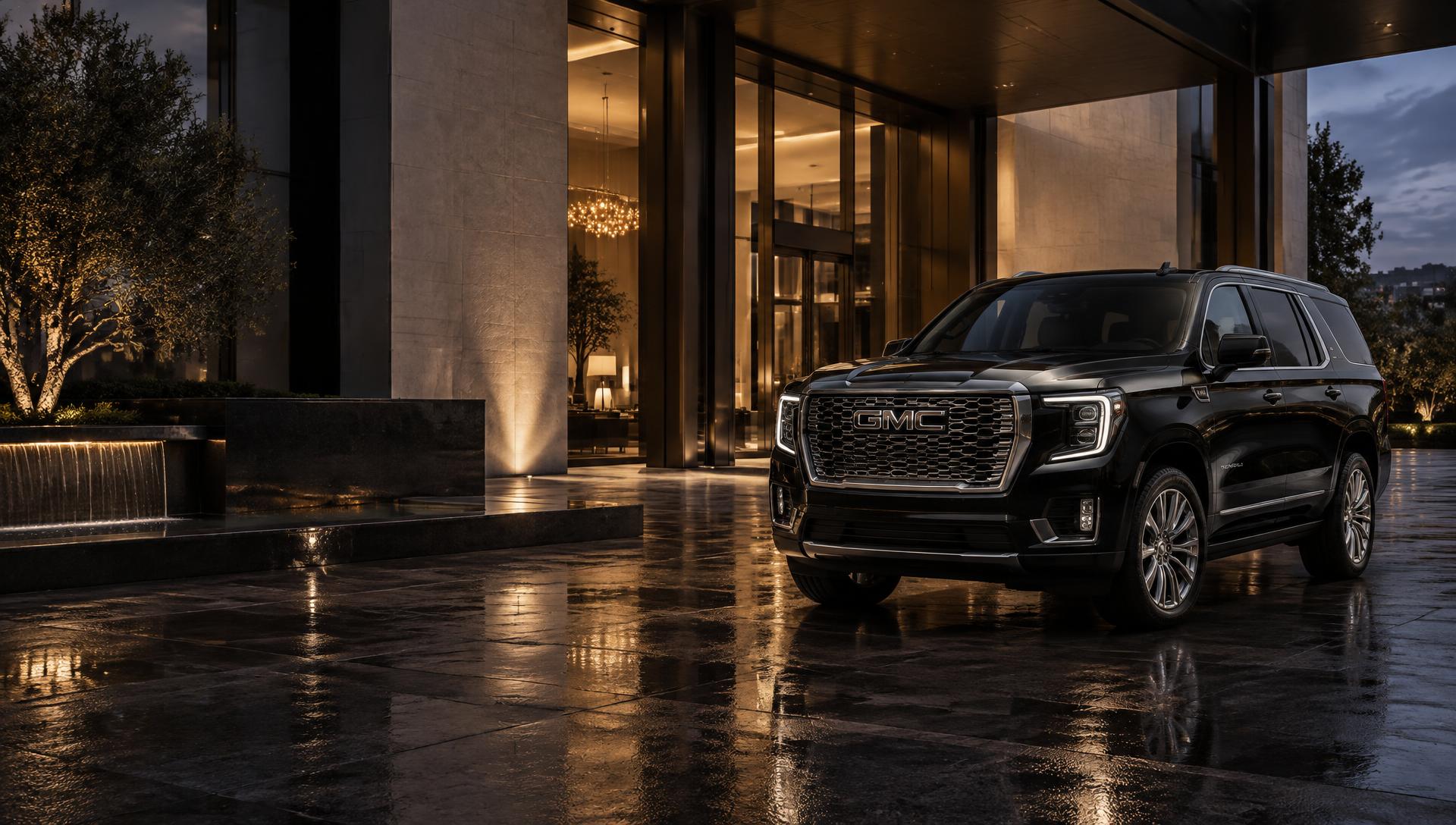 Black full-size luxury SUV waiting at a hotel entrance at dusk (art-directed representative image)